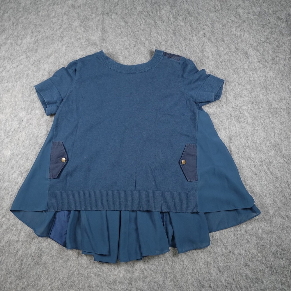 Moth Top Women Small Blue Backstory Chiffon Knit Short Sleeve Peplum Hem Pleated